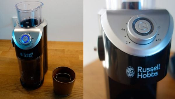 Russell Hobbs coffee grinder full with blue light and close up